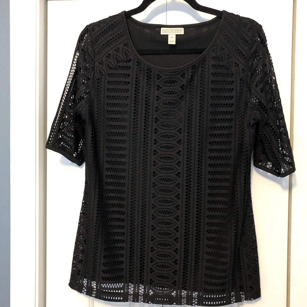 Black Lace Openwork Blouse Lined Short Sleeve Medium Dana Buchman